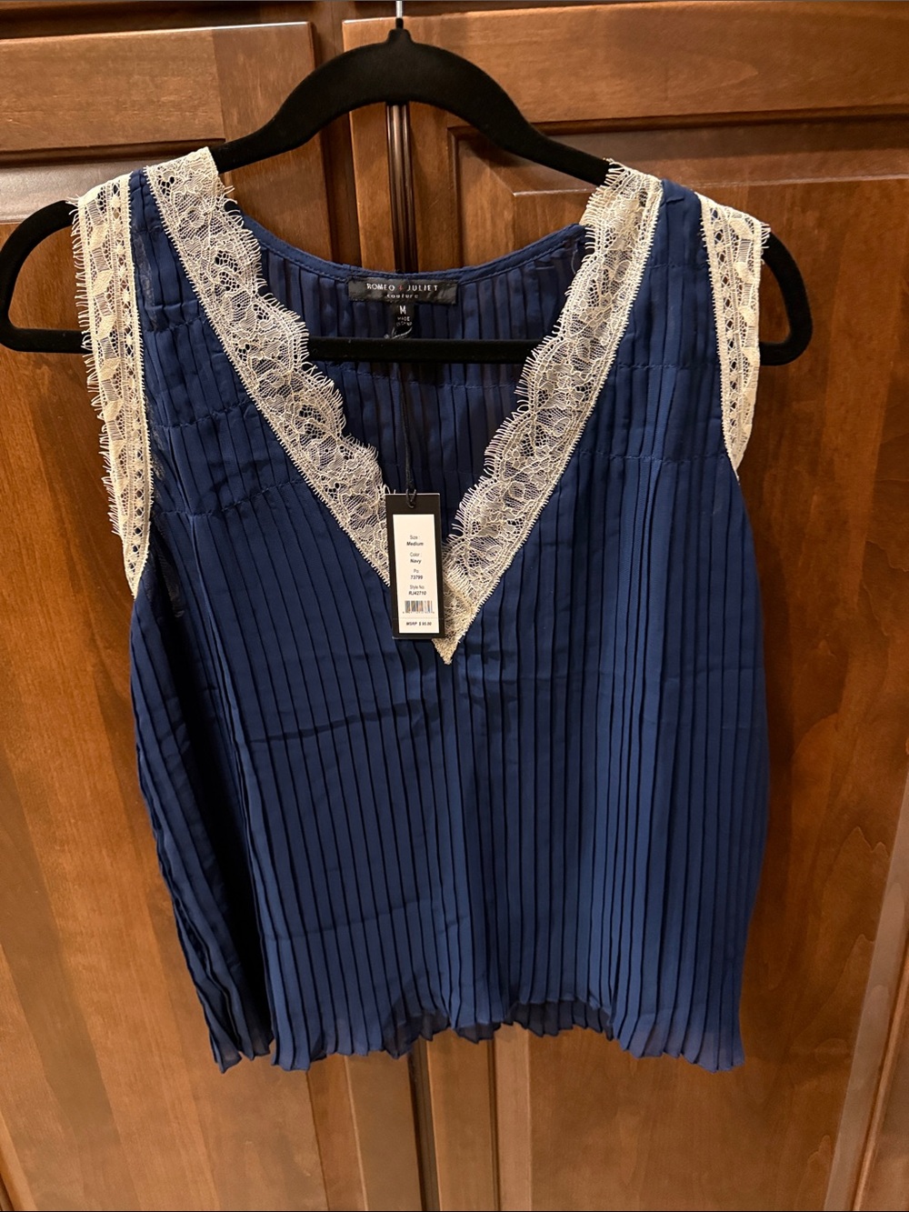 Romeo & Juliet Couture Navy Camisole with Cream Lace Trim - NWT